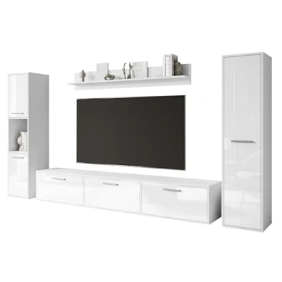 Abbildung von MINIO Wohnwand Wohnzimmer 4 teilig Toga, Möbel Set, 1x TV Lowboard, 2X Hochschrank, Wandboard, Wohnzimmermöbel Komplett, Set Farbe Weiss Matt/Weiss Hochglanz