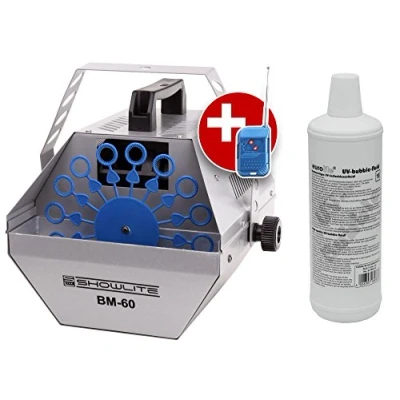 Abbildung von Showlite BM 60 Seifenblasenmaschine 60W mit Funk Fernbedienung und 1L Eurolite UV Fluid rot (0,6l Tank, 2 3 Stunden Laufzeit bei vollem Party Effekt, Disco Bubbles)