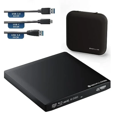Abbildung von techPulse120 Externes UltraHD UHD 4k 3D M DISC BDXL HDR10 100GB USB 3.0 &amp; C Laufwerk Bluray Brenner Burner Superdrive UltraSlim BD DVD CD Ultra Paket Tasche 90cm Anschlusskabel Aluminium Schwarz