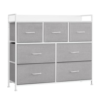 Abbildung von SONGMICS Kommode, Schrank, 7 Stoffschubladen mit Griffen, Metallgestell, Industrie Design, Taubengrau wolkenweiß LTS523L10
