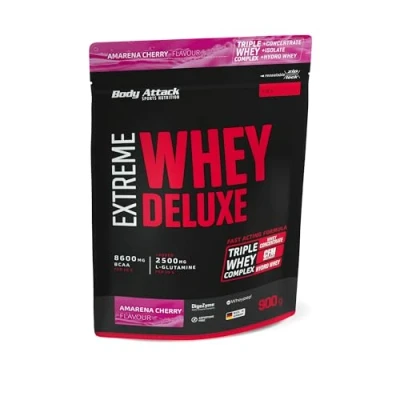 Abbildung von Body Attack Extreme Whey Deluxe Amarena Cherry, 900g Made in Germany Eiweißpulver mit Aminosäuren, Triple Complex, CFM Isolate, fettarm, zuckerarm
