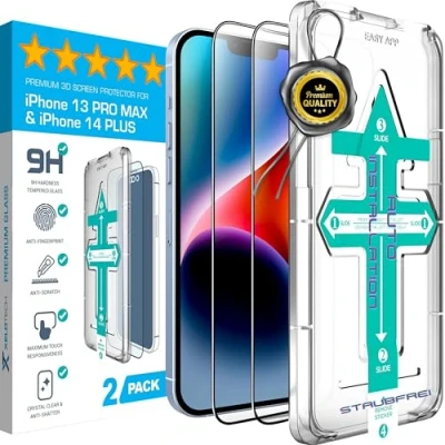 Abbildung von XeloTech 2X 3D Full Screen Schutzglas für iPhone 13 Pro MAX (6.5&quot;), Komplett aus Premium Glas, Installation in 30 Sekunden mit Easy Schablone, Panzerglasfolie, Displayschutzfolie, Panzerfolie