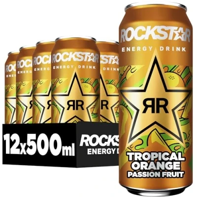 Abbildung von Rockstar Energy Drink Tropical Orange Passion Fruit Koffeinhaltiges Erfrischungsgetränk für den Energie Kick, EINWEG (12 x 500ml)