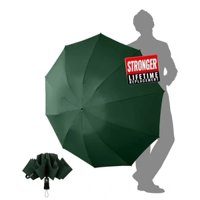 Abbildung von Chakipee Kompakter Reise Regenschirm Groß Sturmfest Umgekehrter Faltschirm für Herren und Damen, Automatik Taschenschirm Regen, 10 Rippen Schirm Grün 210T Gewebe 105 cm Spannweite