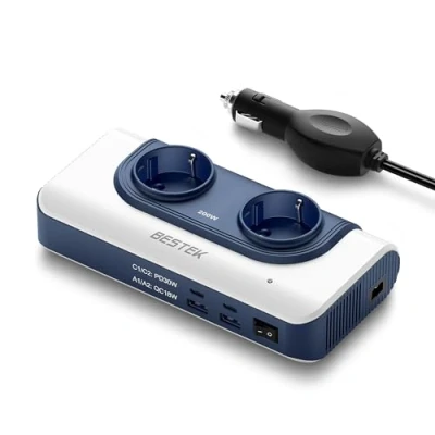 Abbildung von BESTEK 200W KFZ Spannungswandler 12V auf 230V Wechselrichter mit 2 Steckdosen und 18 W USB A 30 C Anschlüssen Zigarettenanzünderstecker, Weiß &amp; Blau