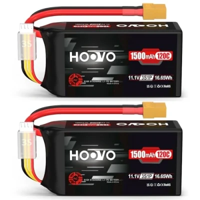 Abbildung von HOOVO 3S Lipo Akku 11,1V 120C 1500 mAh Graphen Batterie mit XT60 Stecker für FPV Racing Drone Quadcopter Hubschrauber Flugzeug RC Boot Auto Modelle (2 Packungen)