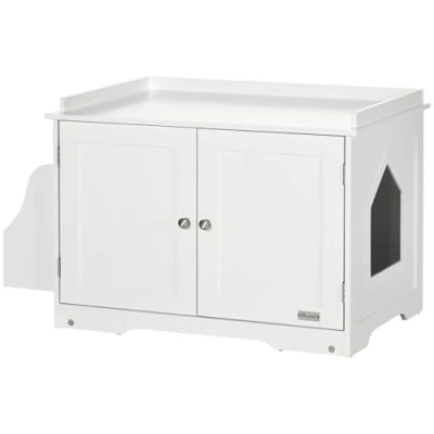 Abbildung von PawHut Katzentoilette Katzenklo mit Magnettüren, verstellbarem Trennwand, Weiß, MDF, 86B x 48L 52H cm
