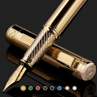 Abbildung von Scriveiner Füllfederhalter Gold Füller Edel mit 24 Karat Finish, Schmidt 18 vergoldete Feder (fein), Bestes Geschenk für Herren und Damen, Manager, Führungskräfte
