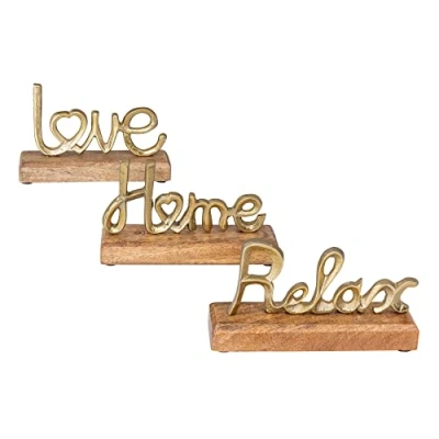 Abbildung von Levandeo® Deko Schriftzug, 3er Set Schriftzug Love Home Relax Gold Mango Holz Metall Aufsteller