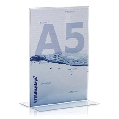 Abbildung von VITAdisplays® DIN A5 Tischaufsteller/Werbeaufsteller als T Ständer/T Aufsteller aus original PLEXIGLAS®