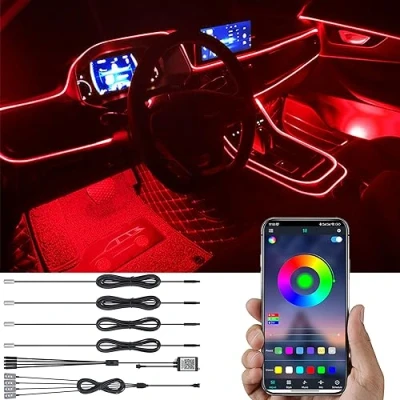 Abbildung von TABEN Auto Atmosphärenlicht Kit Musiksynchronisation Mehrfarbig RGB 16 Millionen Farben 5 Meter Glasfaser USB Fußraum Ambientebeleuchtung Kit, Sound Active und drahtlose Bluetooth APP Steuerung DC 12V