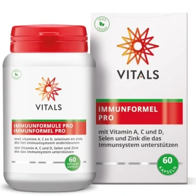 Abbildung von Vitals Immunformel Pro 60 Kapseln mit Quercetin, Lecithin, Vitamin A, C, D3, K2, Selen und Zink. 100% Vegan. die wichtigsten Nährstoffe für Widerstandsfähigkeit.