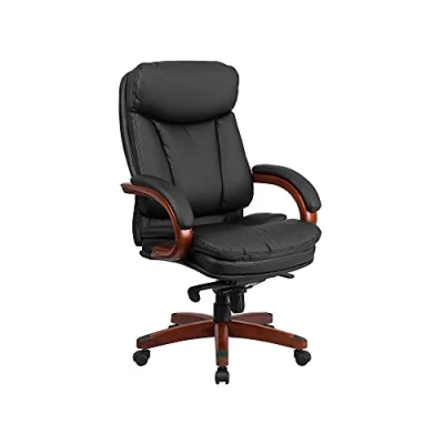 Abbildung von Flash Möbel Hohe Rückseite Leder Executive Drehstuhl mit Synchro tilt Mechanismus, Mahagoni Holz Boden und Arme, Metall, schwarz, 85.09 X 67.31 41.27 cm