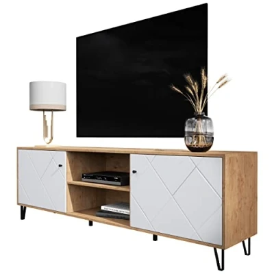 Abbildung von Newroom TV Lowboard Weiß Matt Wildeiche Schrank Skandi Modern 183x56x40 cm (BxHxT) Fernsehtisch Board Rack [Loya.Five] Wohnzimmer Gästezimmer Büro