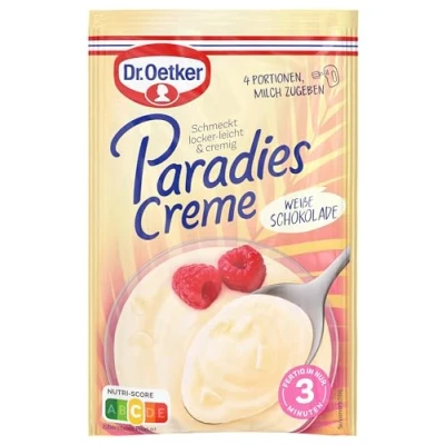 Abbildung von Dr. Oetker Paradies Creme Weiße Schokolade 11er Pack, 11 x 70 g Dessertpulver mit dem Geschmack von Weißer zur Zubereitung eines Desserts, vier Portionen.