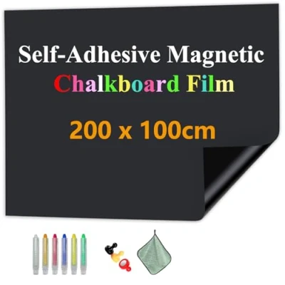 Abbildung von JOMUSAGA Tafelfolie Magnetisch Selbstklebend, 200 x 100 cm Magnetfolie, Abwischbar Kreidefolie, Magnettafel Folie Kind Wand für Haus Büro Schule, mit Wasserbasierende Kreidemarkern&amp; Magnete &amp; Tuche