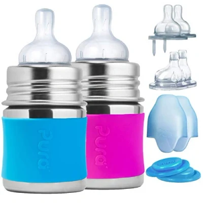 Abbildung von Pura Baby Babyflaschen aus Edelstahl (Silikondüsen mit mittlerem Durchfluss, Schnelldurchflussdüsen, Einspritzdüsen, Dichtungsscheiben und hülsen (2er Pack) Aqua &amp; Rosa 5 Unzen / 150 ml S