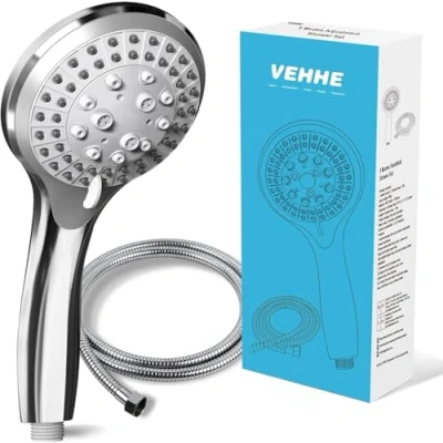 Abbildung von VEHHE Duschkopf mit Schlauch 1,5m, Chrome 5 Strahlarten Duschbrause, Hochdruck Dusche Sparduschkopf, Wassersparend Handbrause für Erwachsene Kinder Hausetiere
