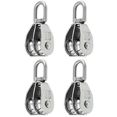 Abbildung von QWORK® 4 Stück M20 Doppel Flaschenzug Edelstahl 304 Umlenkrolle Riemenscheibe für Seile von Seilhebern, Schiffen, Yacht