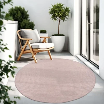 Abbildung von TT Home Teppich Für Outdoor Küchenteppich Balkon Terrasse Unifarbenes Design Modern, Farbe: Rosa, Größe:200 cm Rund