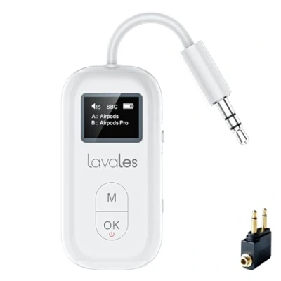 Abbildung von Lavales SafeFly Pro Bluetooth 5.3 Sender Empfänger Audioadapter mit Bildschirm für bis zu 2 Kopfhörer, Kompatibel 3,5 mm Jack in Flugzeugen, Fernsehern, iPads/Tablets, Redner