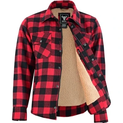 Abbildung von BULLDT Herren Winterhemd &amp; Winterjacke Gefüttertes Holzfällerhemd aus Baumwolle Warmes Thermo Flanellhemd mit Fleecefutter Arbeitshemd für kalte Tage Farbe: Rot Größe: 60