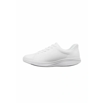 Abbildung von MBT SF 4000 Herrenschuhe. Sportschuhe, anatomisch und bequem. Physiologisch geformtes Schuhwerk für Komfort Stabilität mit Wippsohle. Design aus Kunstleder. Farbe Weiß.