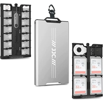Abbildung von JJC Pop Up Speicherkarten Etui Aufbewahrung Ultra Silm für 4 SD SDXC SDHC + 12 Micro 2 SIM Karte, Karten Tasche Halter Case GRAU