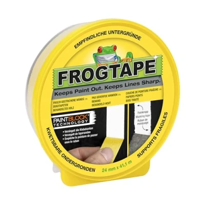 Abbildung von FrogTape Abklebeband Gelb 24 mm x 41 m Malerkrepp mit Paint Block Technologie Kreppband für Glatte &amp; Empfindliche Untergründe Saubere Kanten