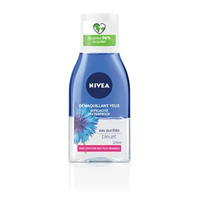 Abbildung von NIVEA Double Action Augen Make up Entferner Kornblume (1 x 125 ml), Gesichtsreiniger angereichert mit gereinigtem Wasser, Gesichtspflege für Damen alle Hauttypen, Reiseformat