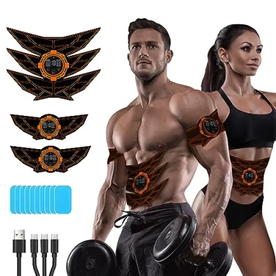 Abbildung von SEVEKO EMS Bauchmuskeltrainer Bauchtrainer, Bauchmuskeltrainer, Sicher Effektiv Schneller Trainingsgerät, Ganzkörper Muskeltrainer, 8 Modi und 15 Intensitäten, 10 Stück Ersatz Hydrogels (Orange)