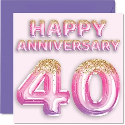 Abbildung von Hübsche Rubin Jahrestagskarte für Ehefrau, Freundin, Ehemann, Freund, rosa lila Glitzer Luftballons Happy 40th Anniversary Karten aus der Familie, 145 mm x Grußkarten vierzigsten Jubiläen
