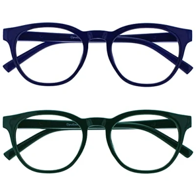 Abbildung von OPULIZE Blu Lesebrille Blaulichtfilter 2er Pack Cool Rund Rahmen Federscharniere Verbessern Den Schlaf Computer Gaming Entspiegelt Blau Grün Herren Damen BB5 36 +1.00