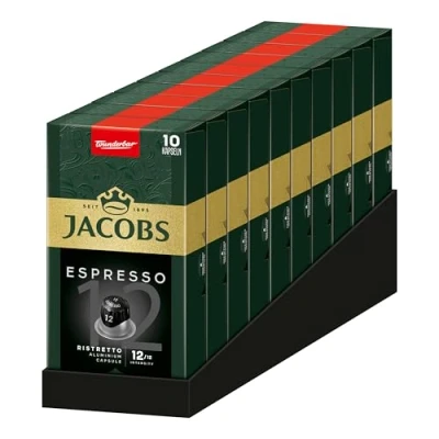 Abbildung von Jacobs Kaffeekapseln Espresso Ristretto 12, Nespresso* kompatible Kapseln, Feinporige Crema, Intensität 12/12, 100 Stück (10 x 10 Getränke)