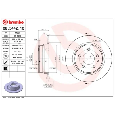 Abbildung von BREMBO 08.5442.10 Bremsscheibe 300 12 5 voll hochgekohlt mit Schrauben BMW: 7