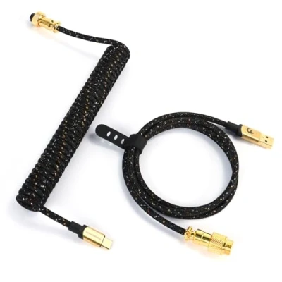 Abbildung von MAMBASNAKE C03 Coiled USB C Kabel für Gaming Tastatur, Starlight Geflochtenes Tastaturkabel, Typ bis A, Braided Cable C, Spiral Tastaturkabel 24K Gold Luftfahrtanschluss Schwarz