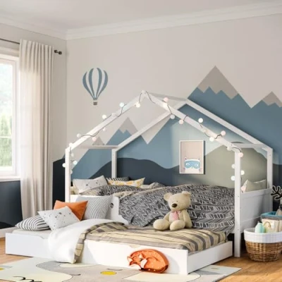Abbildung von Bellabino Bela Hausbett 90x200 cm für Kinder mit Gästebett &amp; Rausfallschutz, weißes Kinderbett, Kleinkinderbett und Jugendbett aus Kiefer Massivholz inkl. Lattenrost