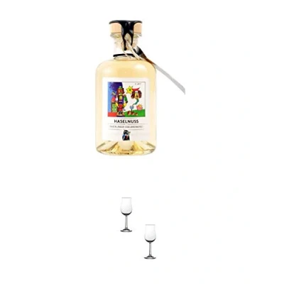 Abbildung von Sauerländer Haselnuss Spirituose FASSGELAGERT 0,35 Liter + Nosing Gläser Kelchglas Bugatti mit Eichstrich 2cl und 4cl 2 Stück