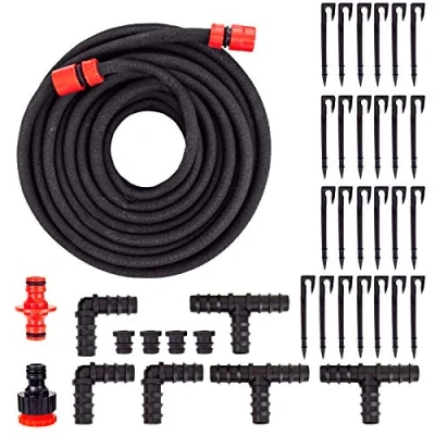 Abbildung von Grafner 30 Meter Perlschlauch Starter Set, 28 teilig mit Erdanker, Eckverbinder, T Verbinder, Endstopfen und Klickanschlüssen, wassersparend Bewässerungsschlauch Tropfschlauch