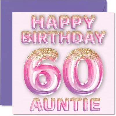 Abbildung von Stuff4 Geburtstagskarte zum 60. Geburtstag für Tante rosa &amp; lila Glitzerballons Happy Birthday Karten 60 Jahre alte von Neffe Nichte, 145 mm x