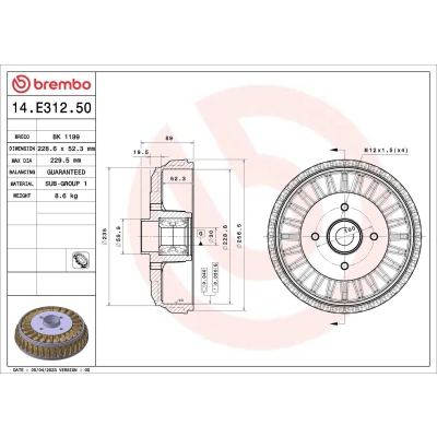 Abbildung von BREMBO 14.E312.50 Bremstrommel mit Radlagersatz 228,6 PEUGEOT: 207 Schrägheck, SW, Limousine, DACIA: Logan I MCV, MCV 2, Express