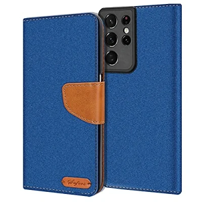 Abbildung von Verco kompatibel mit Samsung Galaxy S21 Ultra Hülle, Schutzhülle für 5G Tasche Denim Textil Book Case Flip Klapphülle Blau