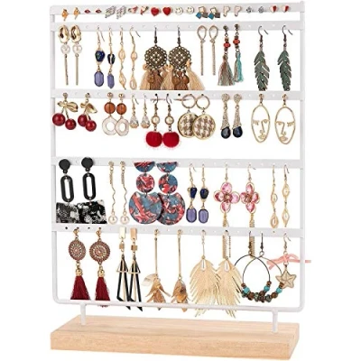 Abbildung von QILICZ Schmuckständer Ohrringständer 100 Löcher Ohrringhalter, 5 Tier Metal Ohrring Organizer mit Holz Base, Weiß Ohrstecker Display Schmuckhalter 35x27cm Ohrschmuck Aufbewahrung