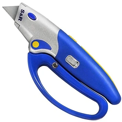 Abbildung von S&amp;R Automatisches Profi Teppichmesser 175mm, praktische Mechanik zum Ein und Ausfahren der Klinge, Handschutz, Cuttermesser Klinge aus SK5 Stahl, Klingenwechsel per Knopfdruck, 5 Klingen