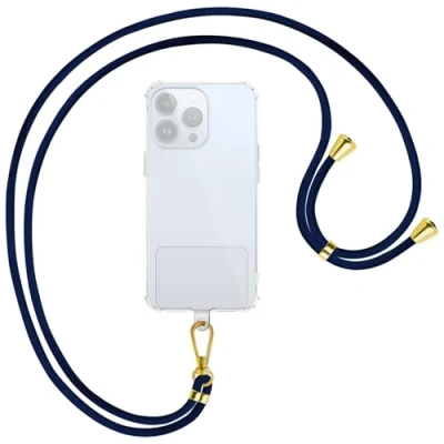 Abbildung von mtb more energy® Universal Handykette Clear dunkelblau Metallteile Gold transparenter Patch kompatibel mit vielen Handyhüllen Zubehör Smartphone zum Umhängen