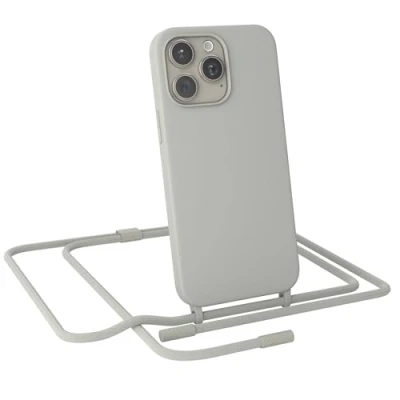 Abbildung von EAZY CASE Handykette kompatibel mit iPhone 15 Pro Max dünne Handyhülle für Hülle Band als Fallschutz Kette zum Umhängen stoßeste Silikon Mikrofaser in Taupe