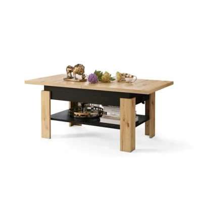 Abbildung von All4All Couchtisch Rino Kaffeetisch Wohnzimmertisch mit Ablage Sofatisch ausziehbar bis 170cm höhenverstellbar 130x65cm 05 Artisan Eiche + Schwarz