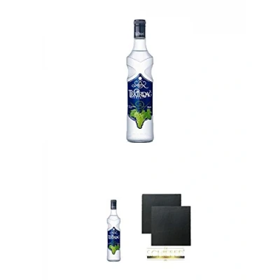 Abbildung von Tekirdag Raki blaue Flasche 0,7 Liter + Schiefer Glasuntersetzer eckig ca. 9,5 cm Ø 2 Stück