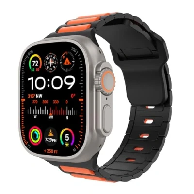 Abbildung von MoKo Silikon Sport Armband Kompatibel mit Apple Watch Ultra 2/Ultra 49mm 46mm 45mm 44mm 42mm Herren Damen,Verstellbare Ersatzbänder für iWatch Ultra2 Serie 10 9 8 7 6 5 4 3 2 1 SE,Schw/Orange