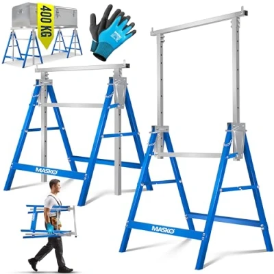 Abbildung von MASKO® Teleskop Arbeitsbock Untergestell 1 er Set Klappbock max. Belastbarkeit 200 kg Unterstellbock höhenverstellbar Min. / Arbeitshöhe 800 1300 mm Gerüstbock inkl. Handschuhe Blau